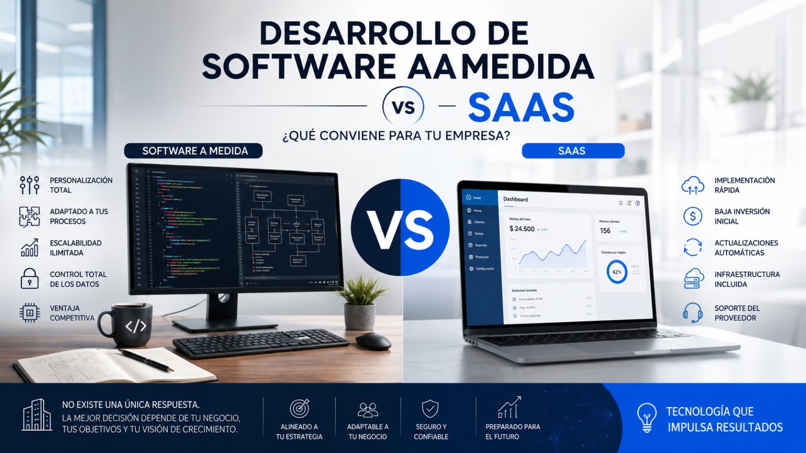 Comparación entre una solución SaaS y un software desarrollado a medida para empresas.