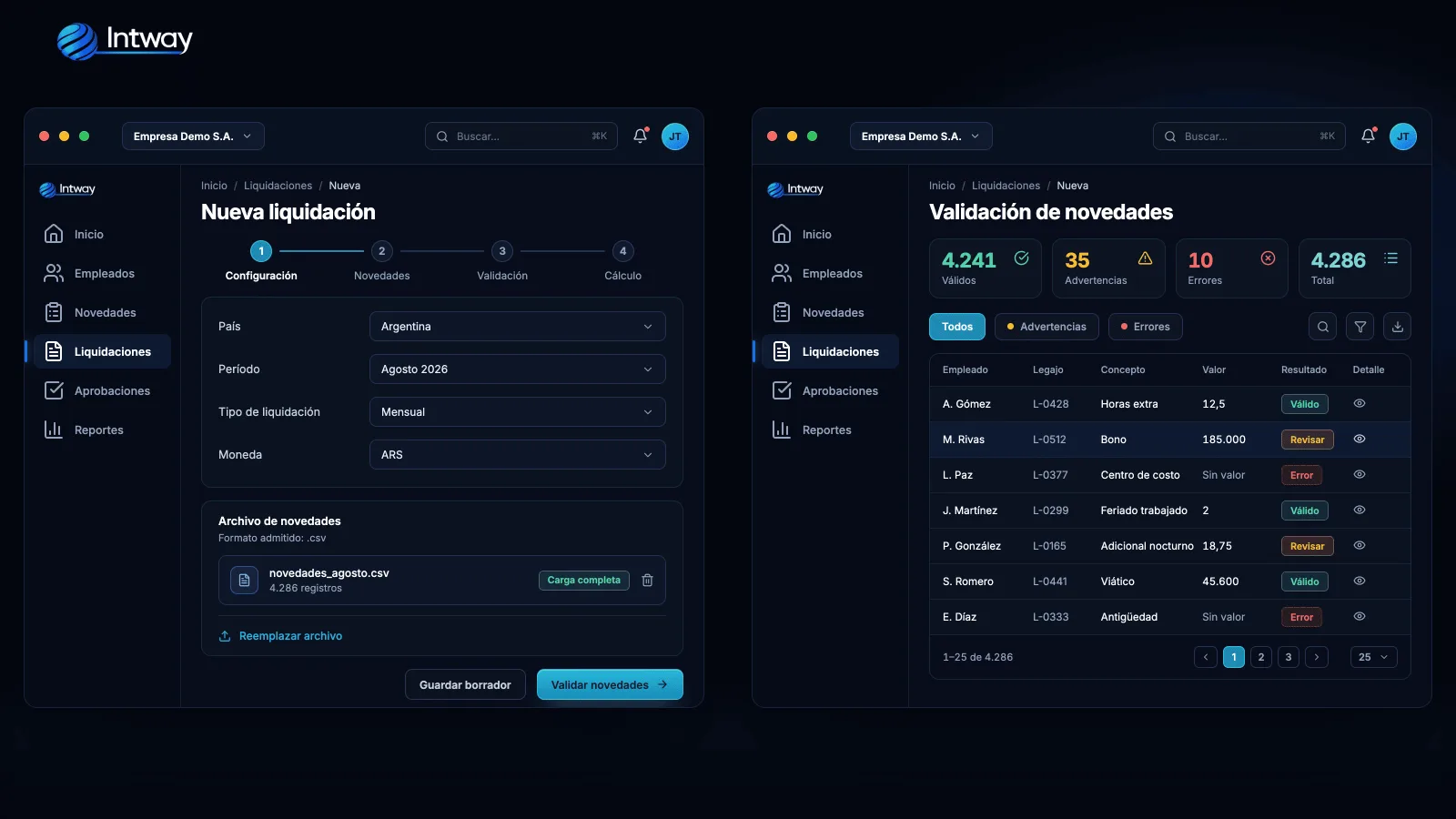 Pantallas de configuración y validación de una liquidación regional
