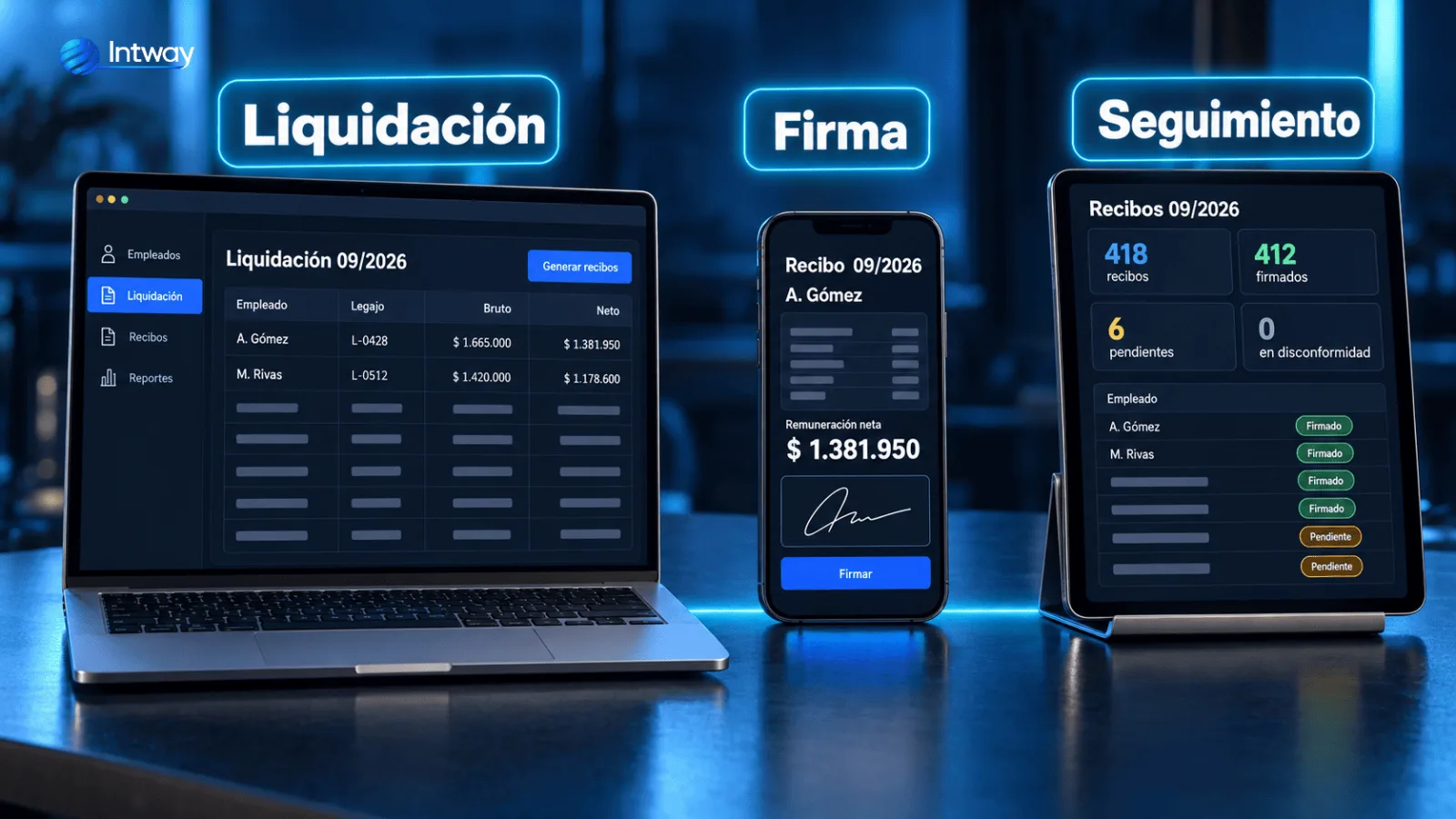 Flujo del recibo de sueldo digital: liquidador, PDF con el modelo del Decreto 407/2026, firma del empleado desde el celular, constancia de entrega y archivo por diez años